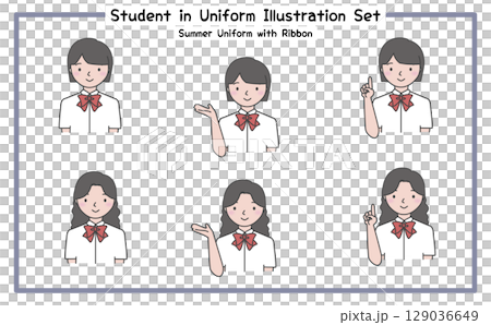 学生の制服姿 イラストセット5-4 (半袖シャツ&リボン) 学生の制服姿 イラストセット5-4 (半袖シャツ&リボン) 129036649