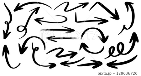 collection of hand drawn arrows in various styles and directions. This doodle style vector illustration features curved, straight, looping, and bent arrows. 129036720