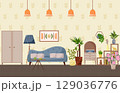 Living room interior with a sofa, floor lamp, wardrobe and shelving unit. Record player, plants for coziness, shelf for figurines and personal items. Cozy furniture set for comfortable living. Modern 129036776