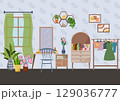 Cozy room interior with furniture. Dressing table with mirror, chair, window and green plants. Hanger with clothes. Minimalistic wardrobe concept for modern lifestyle. 129036777