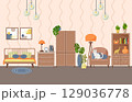 Cozy bedroom interior. Bed, armchair, wardrobe. Armchair with pillows and a cat. Bedside table with a lamp, photo inset and alarm clock. Modern bedroom or living room is an ideal place for rest and 129036778