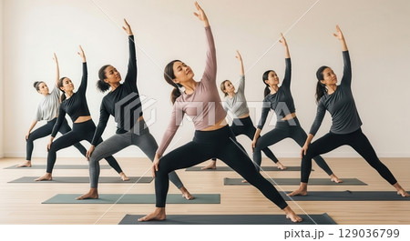Group Yoga Practice in a Serene Studio - AI generated image 129036799