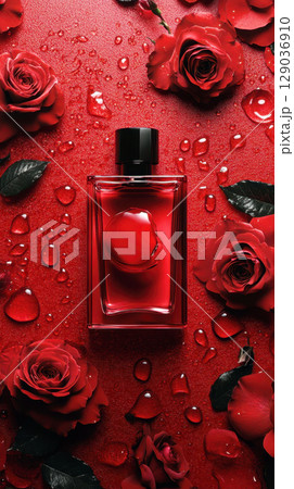 Red perfume bottle  roses 129036910