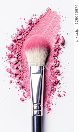 Makeup brush and pink powder display 129036974