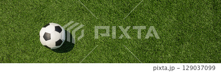 Soccer Ball on Green Grass Field with White Corner 129037099