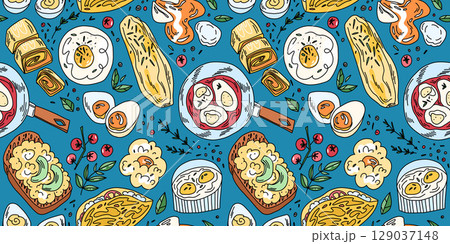 Bright doodle pattern with different types of eggs for breakfast fried eggs omelette scrambled eggs 129037148