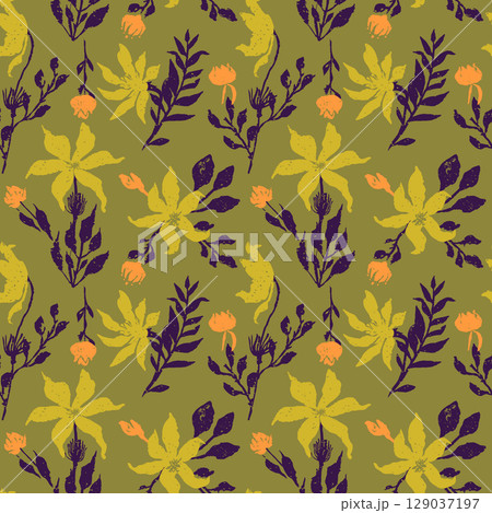 Hand drawn abstract green loose floral seamless pattern. Flowers and leaves organic rough shapes botanical repeat background for textile Hand drawn abstract green loose floral seamless pattern. Flowers and leaves organic rough shapes botanical repeat background for textile 129037197