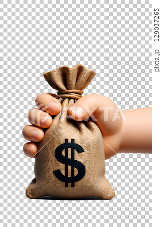 Money bag with $ symbol in hand, cartoon style for business themes, wealth concept for financial apps Money bag with $ symbol in hand, cartoon style for business themes, wealth concept for financial apps 129037265