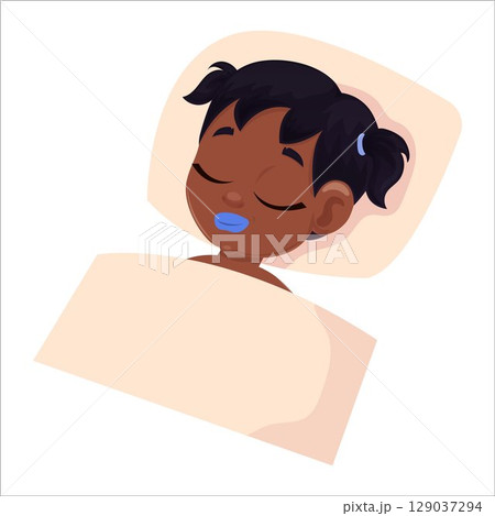 Flat lay drawing of child with tape on mouth in bed 129037294
