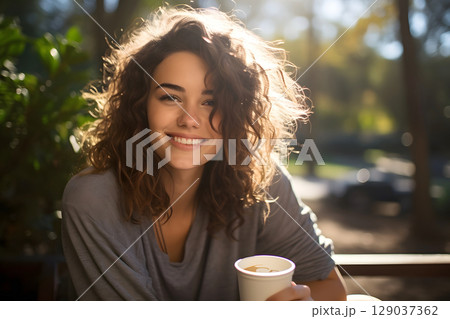 woman with a plastic cup of aromatic black coffee walks on the street. healthy and healthy drinks 129037362
