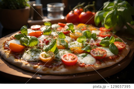 fresh pizza on the table. fast food. hearty food in a cafe. 129037395