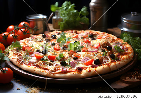 fresh pizza on the table. fast food. hearty food in a cafe. 129037396