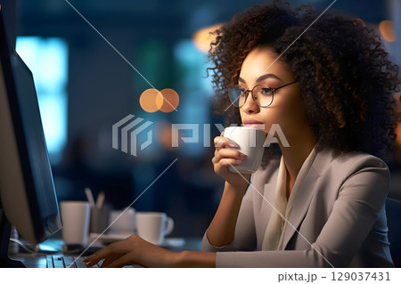 beautiful young African woman with a cup of coffee in her hands. healthy and healthy drinks beautiful young African woman with a cup of coffee in her hands. healthy and healthy drinks 129037431