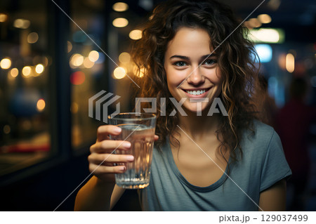 beautiful young woman with a glass of water in her hands. healthy and healthy drinks 129037499
