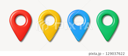 Vector 3d Realistic Map Pin Icons in Red, Yellow, Blue, Green for GPS Map Pin Location Marker. Navigation Map Pin Pointer Symbol Set for Mobile App, Travel Guide, Map Design, Geolocation Interface 129037622