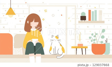 部屋で読書する女性 129037668