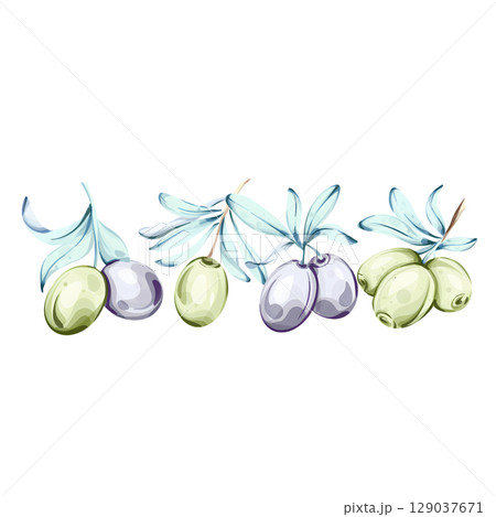 Elegant watercolor illustration of olives and olive oil inspired by Italian cuisine and nature's beauty 129037671