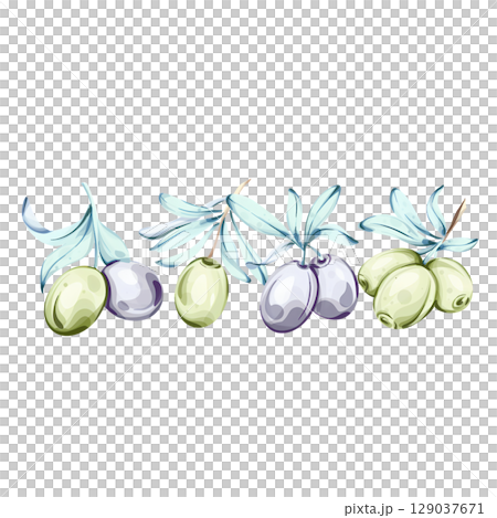 Elegant watercolor illustration of olives and olive oil inspired by Italian cuisine and nature's beauty 129037671