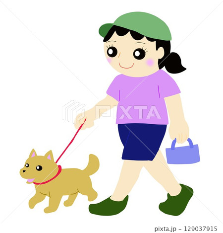夏の夕方に散歩する犬と飼い主 夏の夕方に散歩する犬と飼い主 129037915