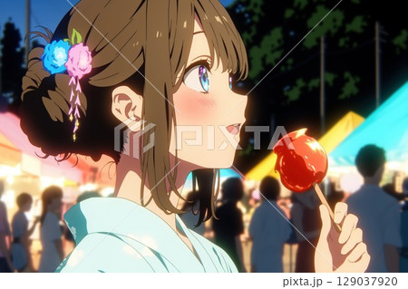 夏祭りを楽しむ浴衣姿の女性 夏祭りを楽しむ浴衣姿の女性 129037920