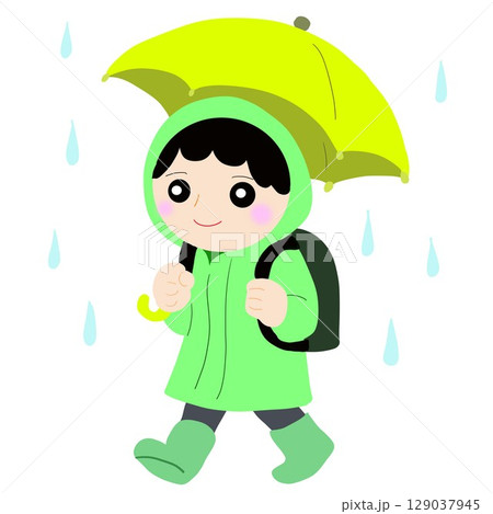 雨の中帰宅する小学生 129037945