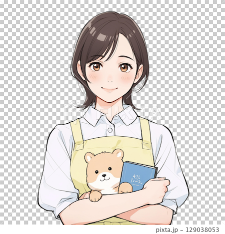 一位女保育員拿著毛絨玩具和一本圖畫書（白色背景） 129038053