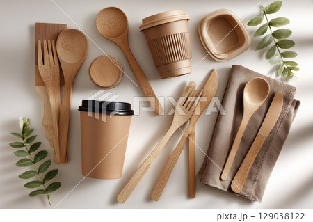 Eco-Friendly Kitchen Setup with Bamboo Utensils and Zero Waste Dining Essentials 129038122