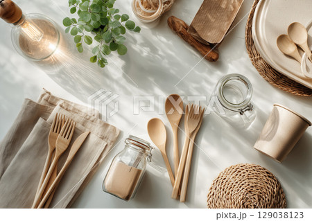 Elegant Zero Waste Kitchen Setup with Bamboo Utensils and Natural Cloth Napkins 129038123