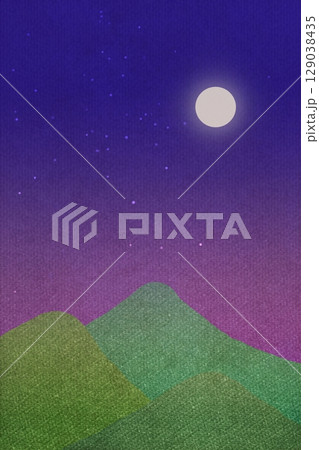 夜の空と満月と山の背景 縦 129038435