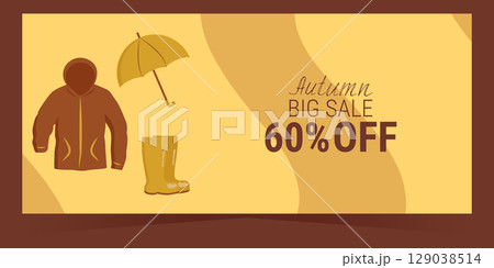 Autumn sale coupon discount template with clothes. Design flyer banner for shopping sale promo poster invitation website greeting card. Vector illustration. 129038514