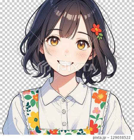 身穿花圍裙、佩戴紅色花飾的女保育員（白色背景） 129038522