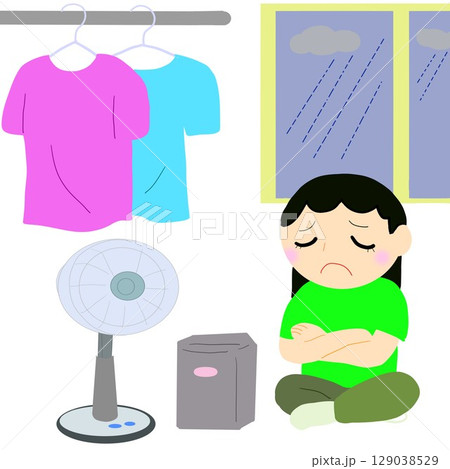 雨空＋干しっぱなしの洗濯物とガックリ主婦 129038529