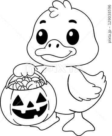 halloween little duck holding a pumpkin candy bucket in outline cartoon style, fun treat-themed art for coloring pages halloween little duck holding a pumpkin candy bucket in outline cartoon style, fun treat-themed art for coloring pages 129038596