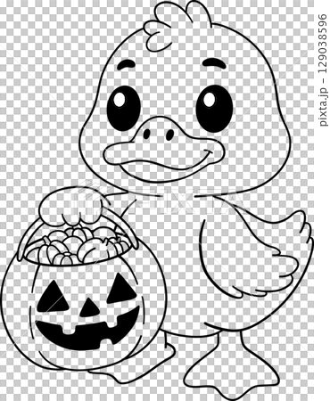 halloween little duck holding a pumpkin candy bucket in outline cartoon style, fun treat-themed art for coloring pages halloween little duck holding a pumpkin candy bucket in outline cartoon style, fun treat-themed art for coloring pages 129038596