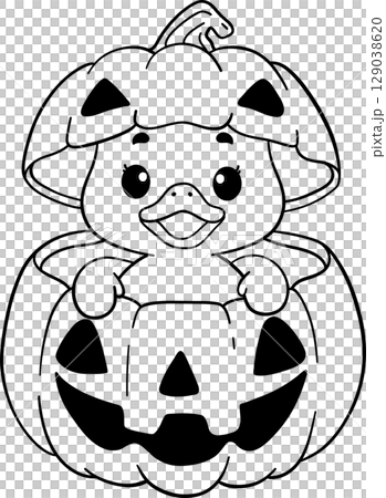 halloween duckling popping out of a jack o lantern in outline cartoon style, fun black and white art for kids to color 129038620