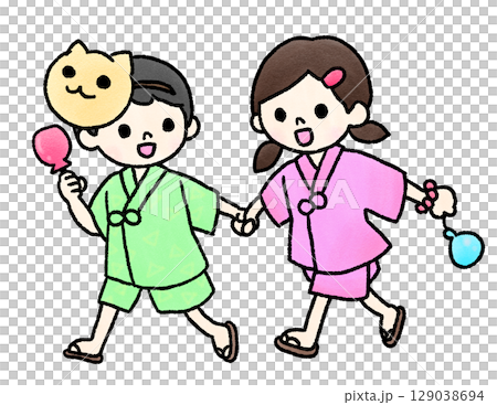 Hand-drawn illustration of a boy and girl holding hands in jinbei 129038694