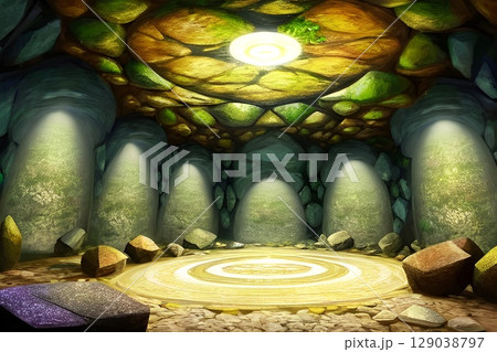 ゲーム背景　ダンジョン奥にある召喚魔法陣のあるホール 129038797