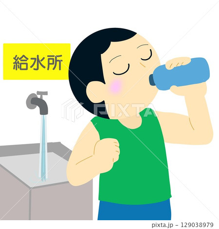 給水所で水を飲むランナー 129038979