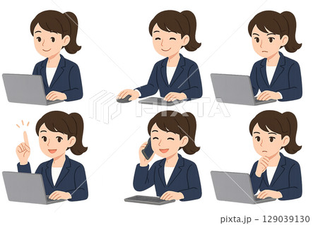 ノートPCを操作する女性のイラスト 129039130