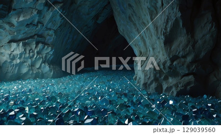 ゲーム背景　床が青い宝石で埋まっている自然洞窟 129039560
