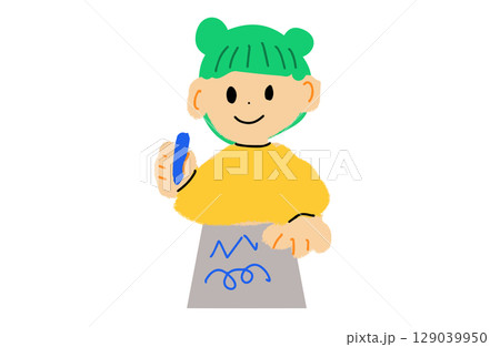 お絵かきする子どものイラスト（手書き風・教育・学習・3色） 129039950