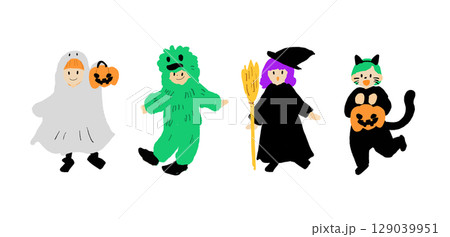 ハロウィンの仮装をした子どものイラスト（手書き風・かわいい・4人） 129039951