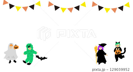 ハロウィン用フレームイラスト(手書き風・仮装した子ども・ガーランド付き) ハロウィン用フレームイラスト(手書き風・仮装した子ども・ガーランド付き) 129039952
