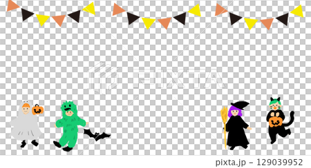 ハロウィン用フレームイラスト(手書き風・仮装した子ども・ガーランド付き) ハロウィン用フレームイラスト(手書き風・仮装した子ども・ガーランド付き) 129039952