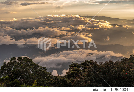 Beautiful view of sky and sea of fog before sunset seen from Panalaban Base Camp on Mt.Kinabalu, Malaysia. 129040045