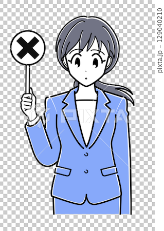 バツの札を持つスーツのOLさん（上半身・シンプル） 129040210