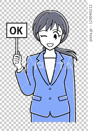 OKの札を持つスーツのOLさん（上半身・シンプル） 129040212