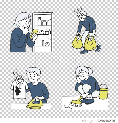 Daily set of men and women struggling with housework Daily set of men and women struggling with housework 129040216