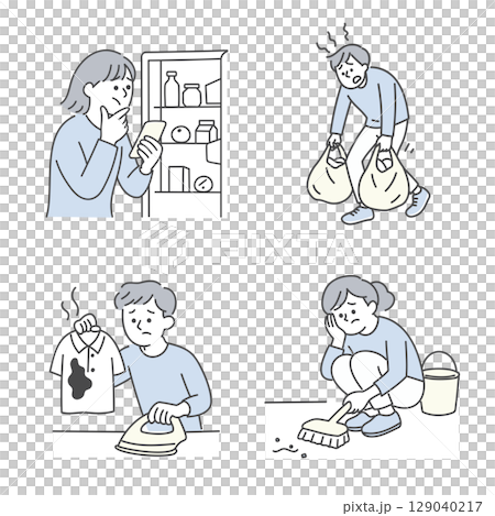 Daily set of men and women struggling with housework 129040217