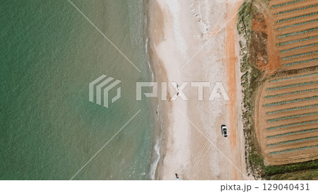 Aerial beach and sea view with vegetable garden nearby Aerial beach and sea view with vegetable garden nearby 129040431